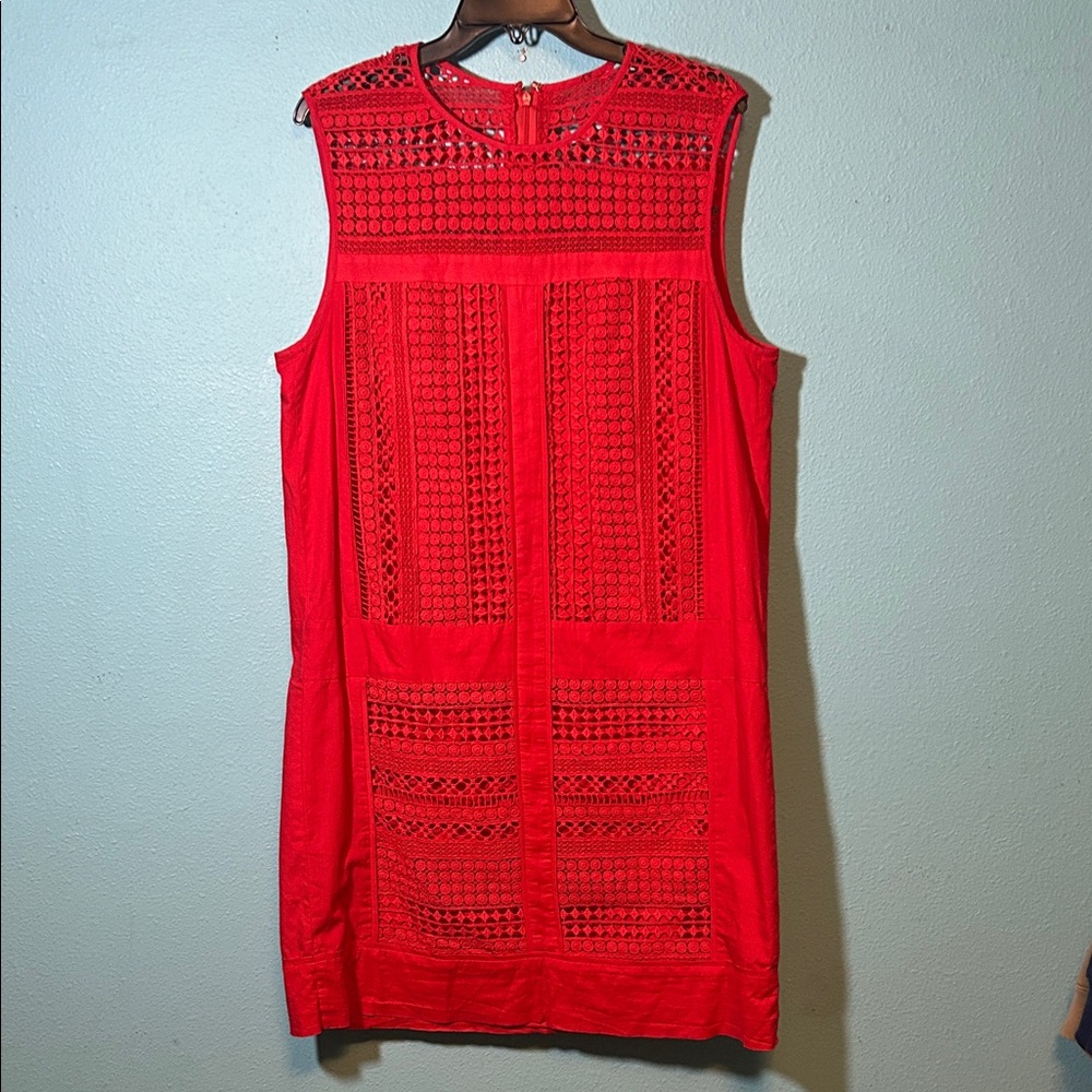 J. Crew Vibrant Red cotton Lace crochet Dress.  Size Large Tall